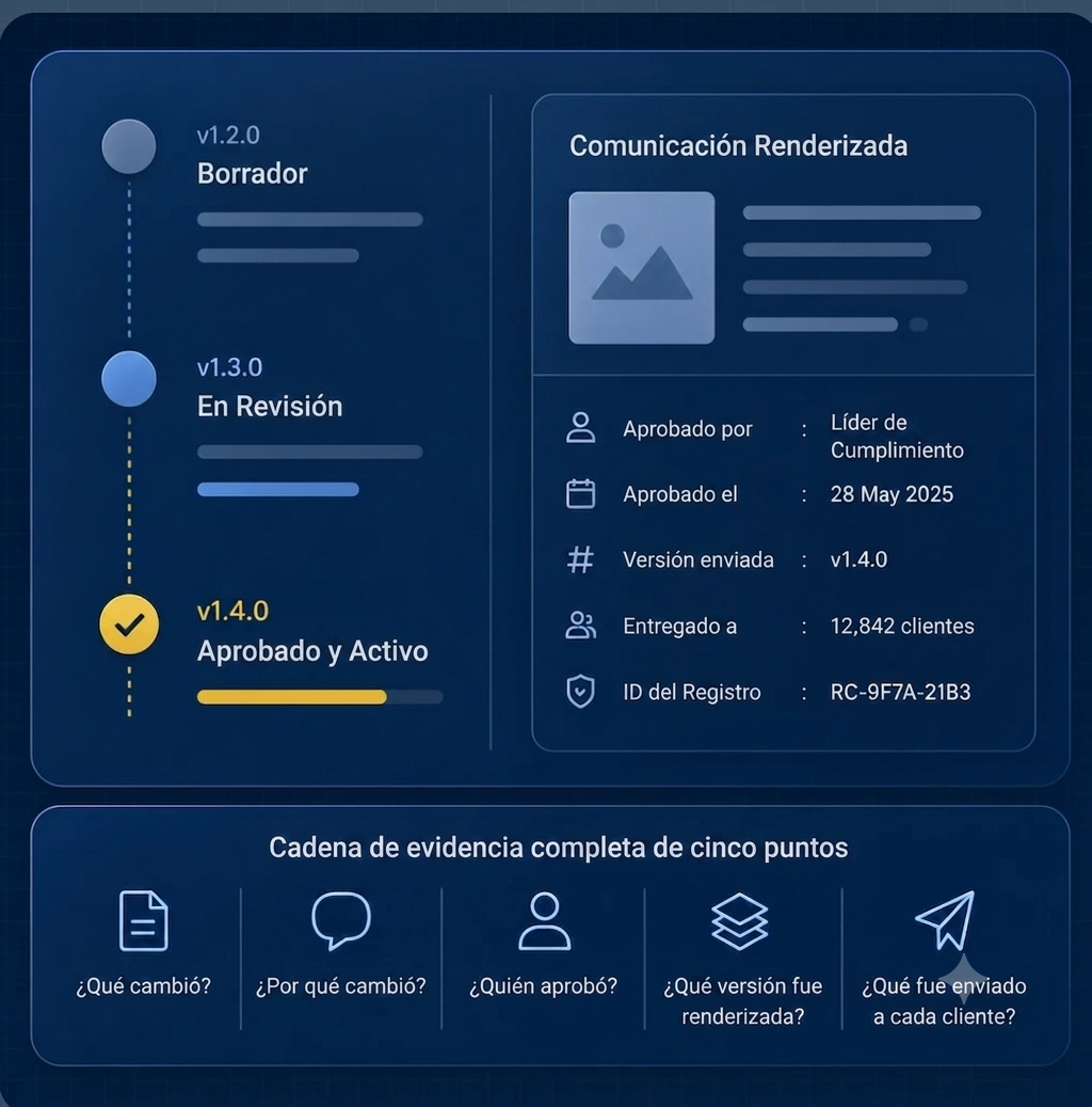Cadena de evidencia de CommsPliant: plantillas, aprobaciones y registro de comunicación con el cliente