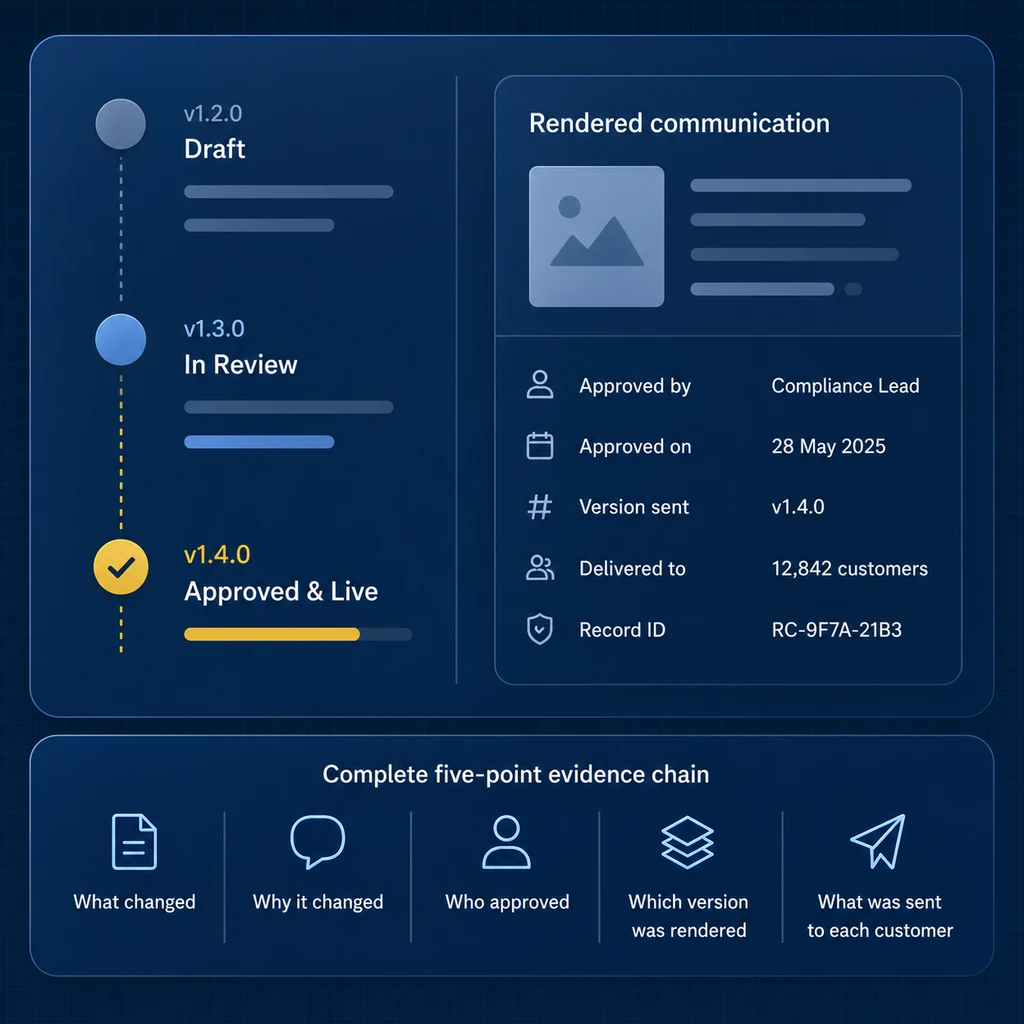 CommsPliant evidence chain: template progression from Draft to In Review to Approved and Live, a customer communication record, and the five-point chain from what changed to what was sent