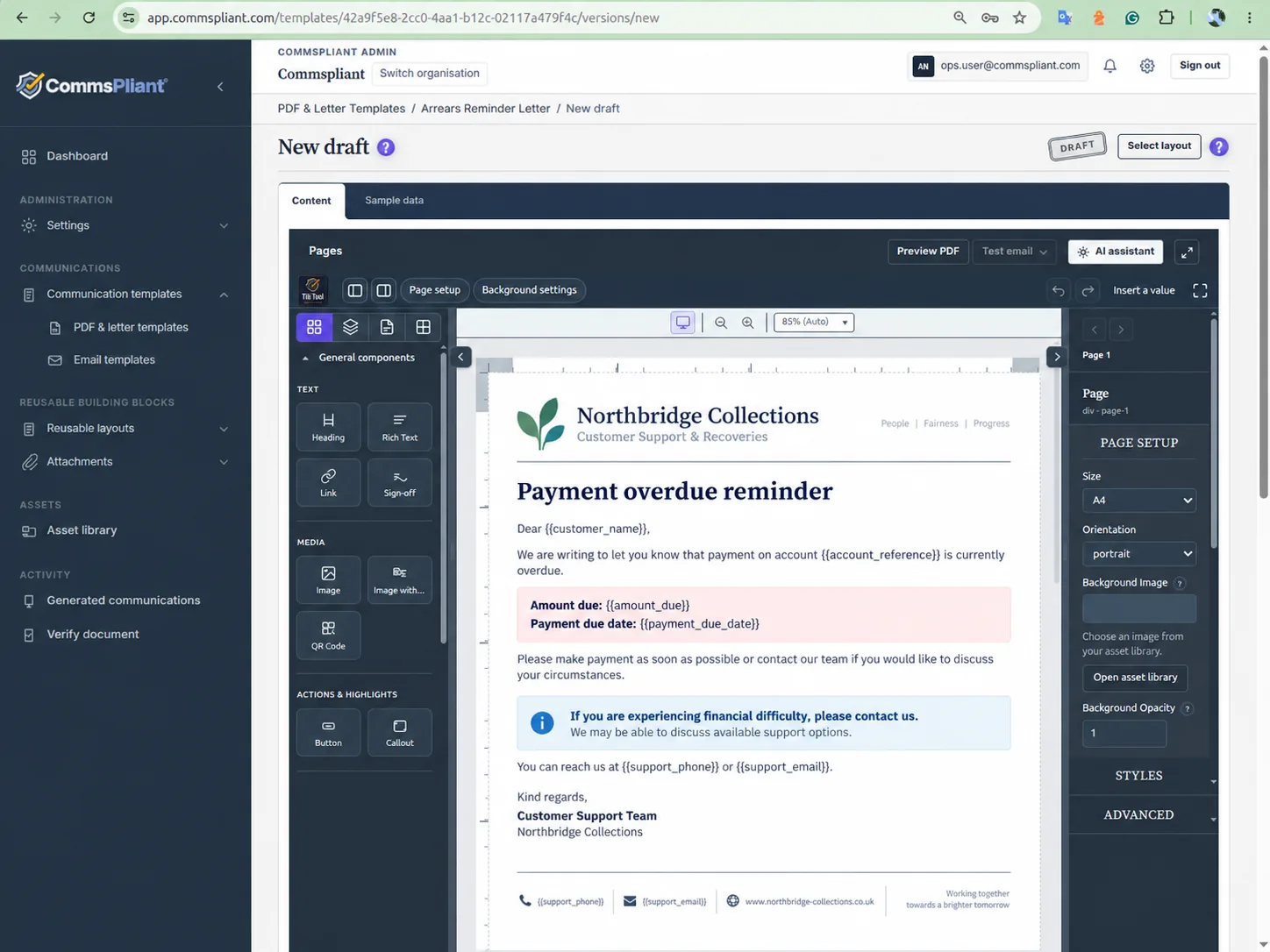 CommsPliant drag-and-drop template editor for controlled communication templates