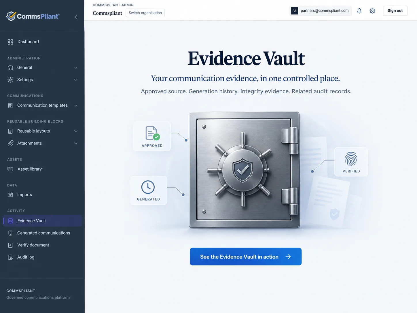 CommsPliant Evidence Vault showing approved source, generation history and integrity evidence