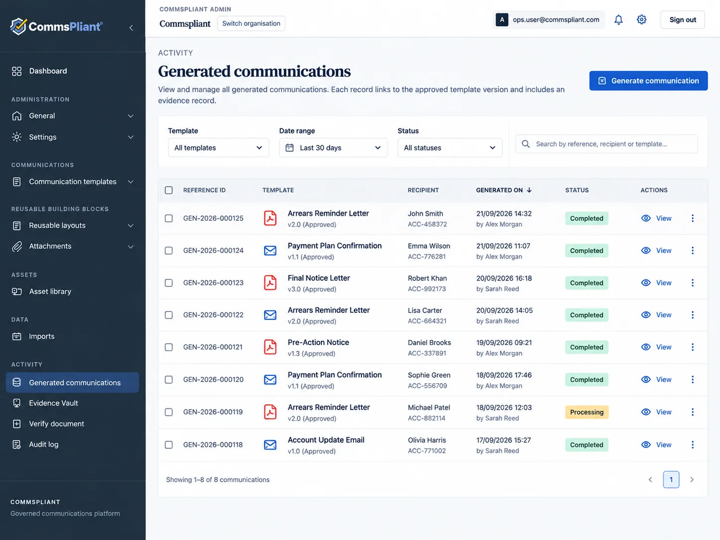 CommsPliant generated communications list across approved templates and channels