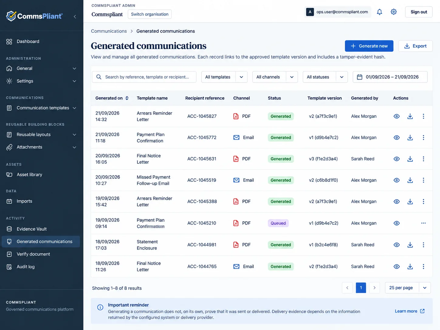 CommsPliant generation evidence linking each communication to the approved template version used