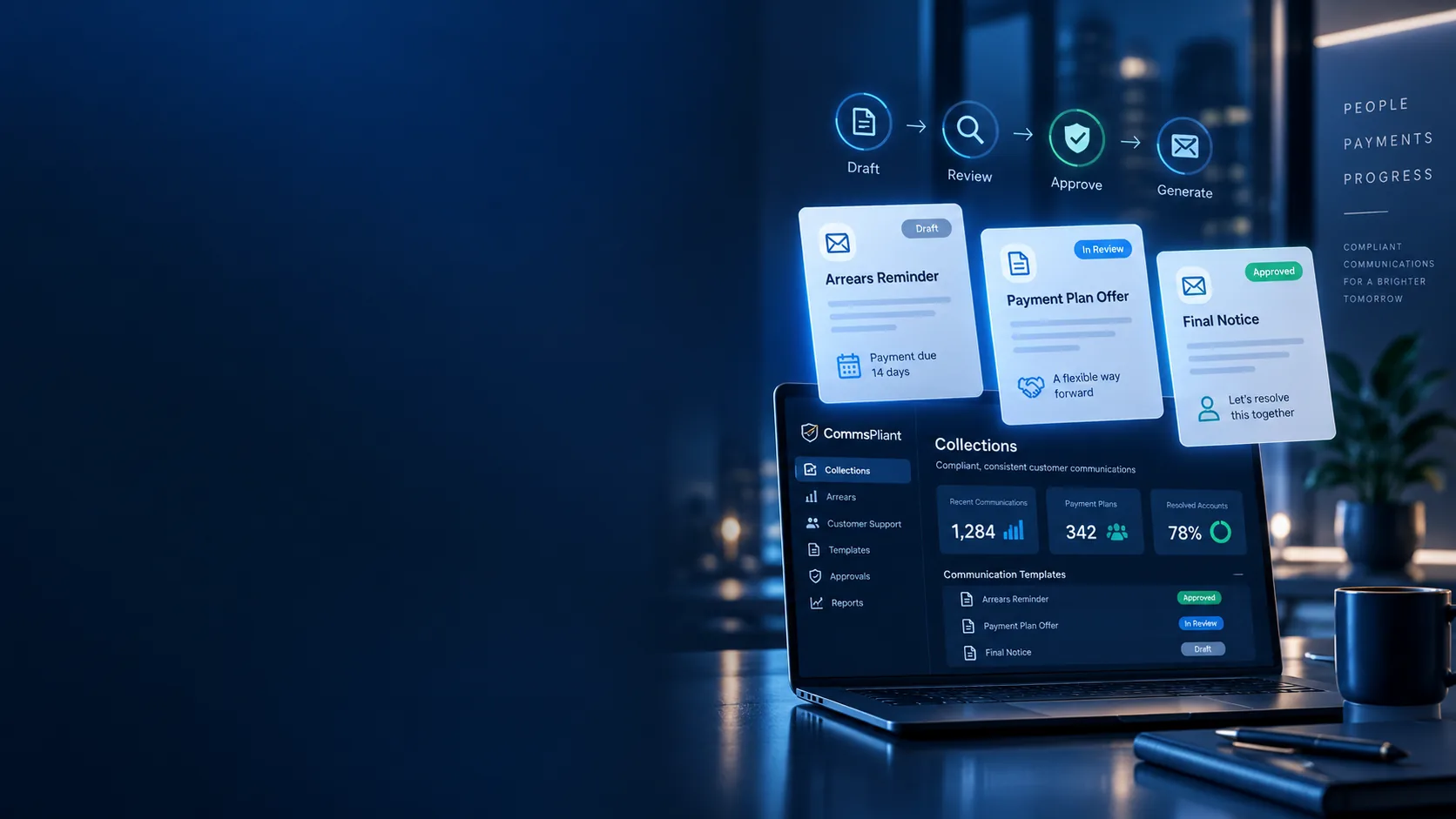 Professional debt collection and arrears communications workflow showing draft, review, approve and generate stages