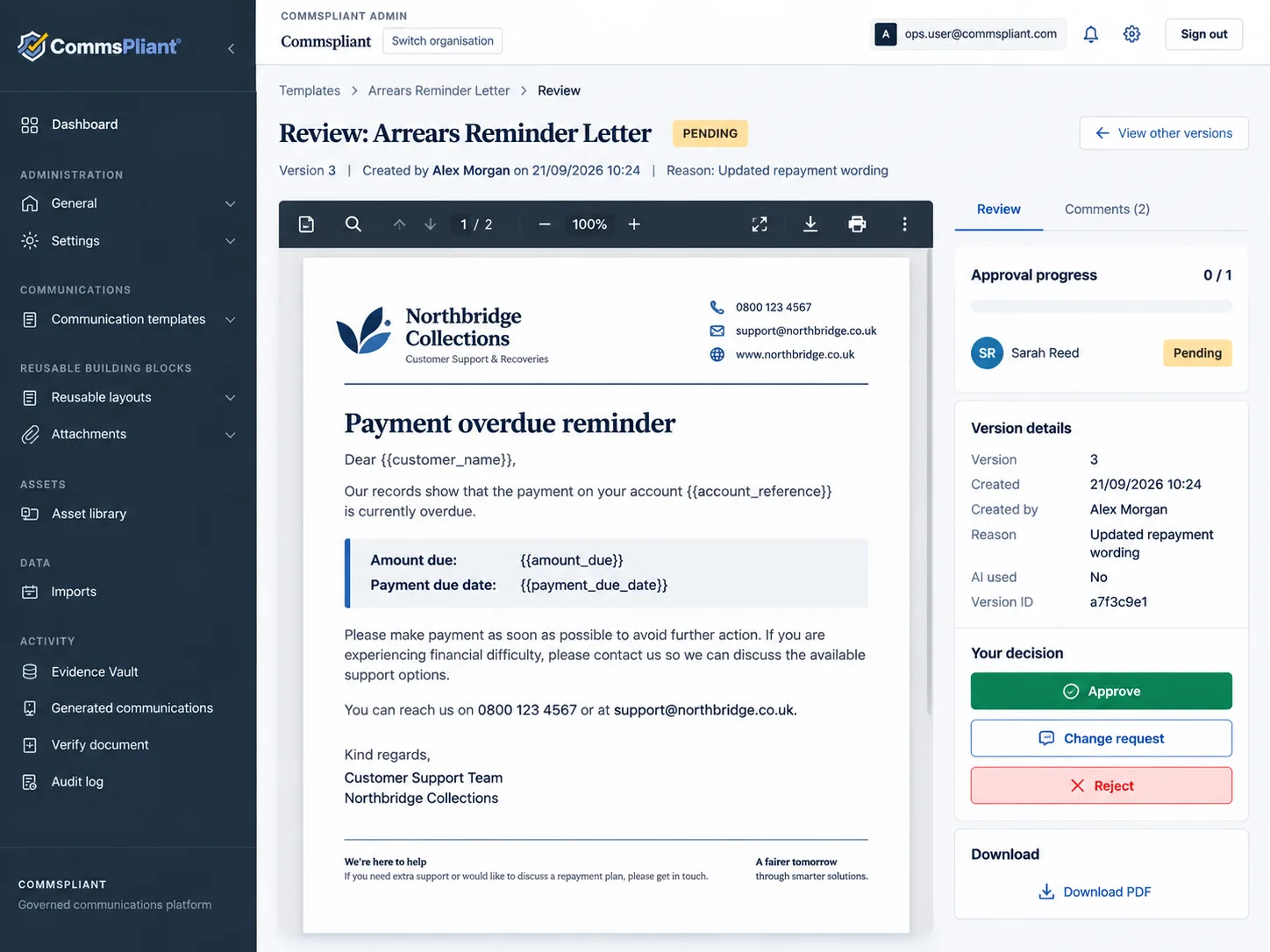 CommsPliant review and approval screen showing pending state and approval actions
