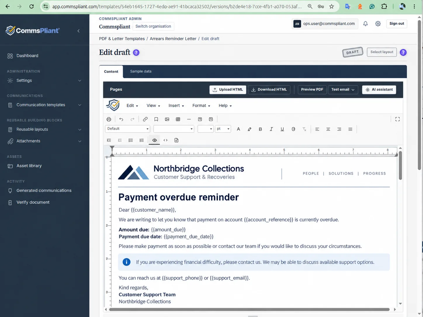 CommsPliant rich text editor for controlled communication templates