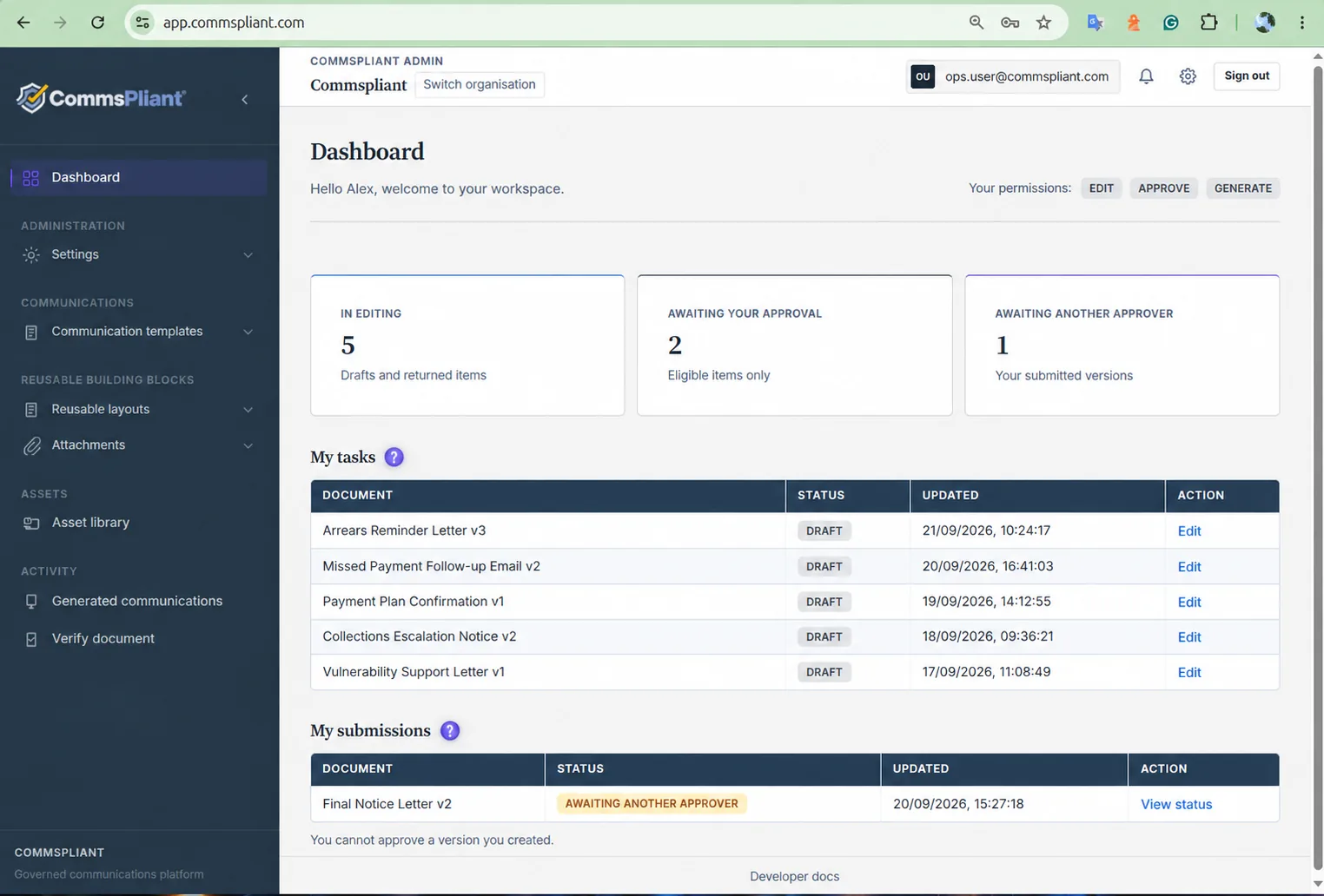 CommsPliant role-based dashboard showing edit, approve and generate permissions