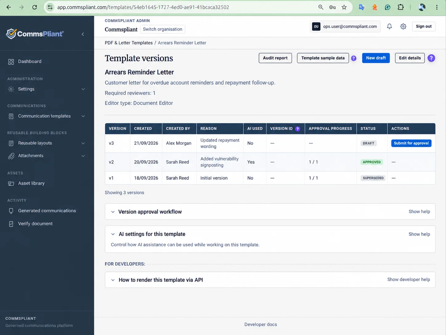 CommsPliant template versions showing draft, approved and superseded wording separated