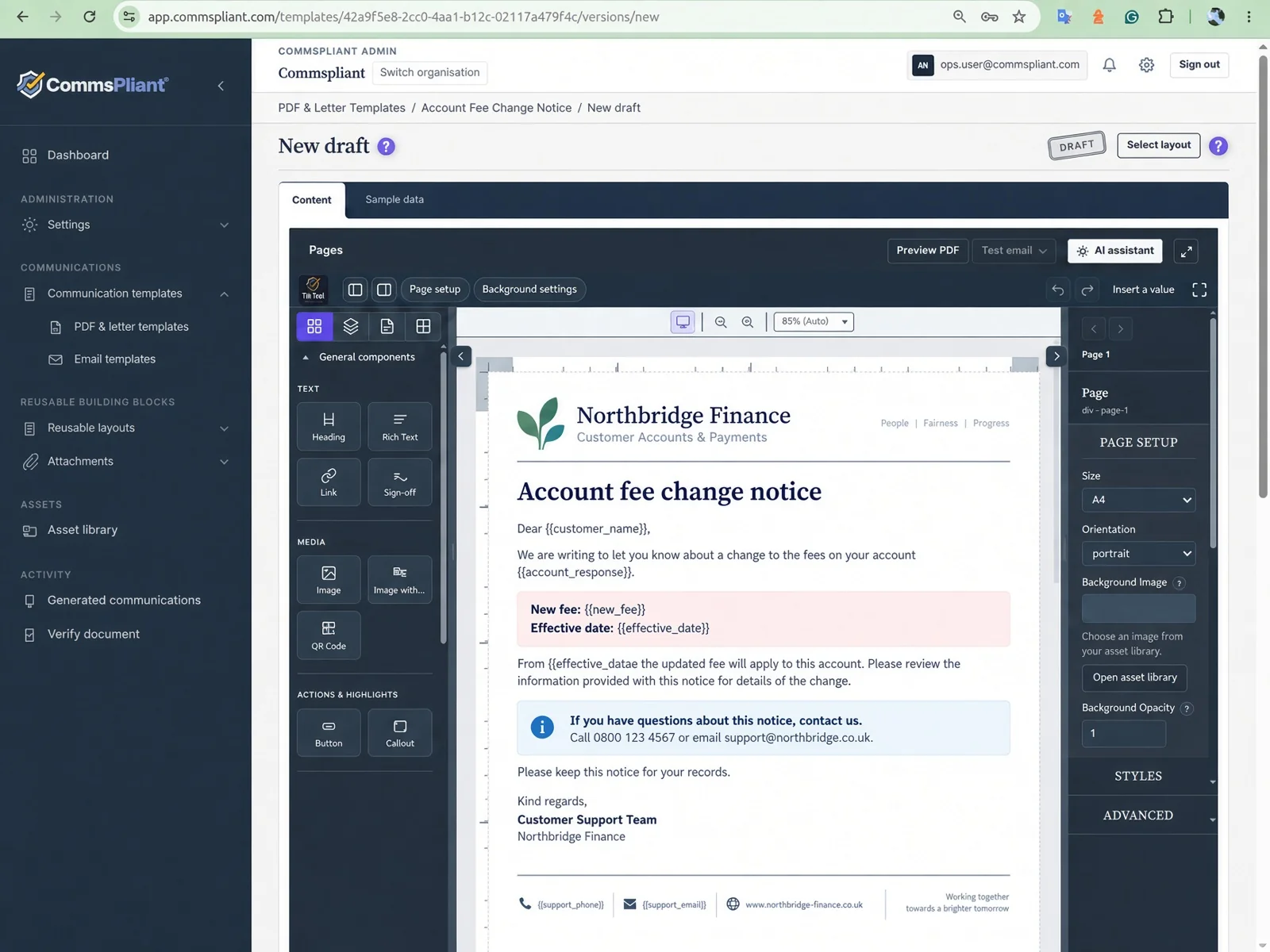 Editor de arrastrar y soltar de CommsPliant para formatos de carta en servicios financieros