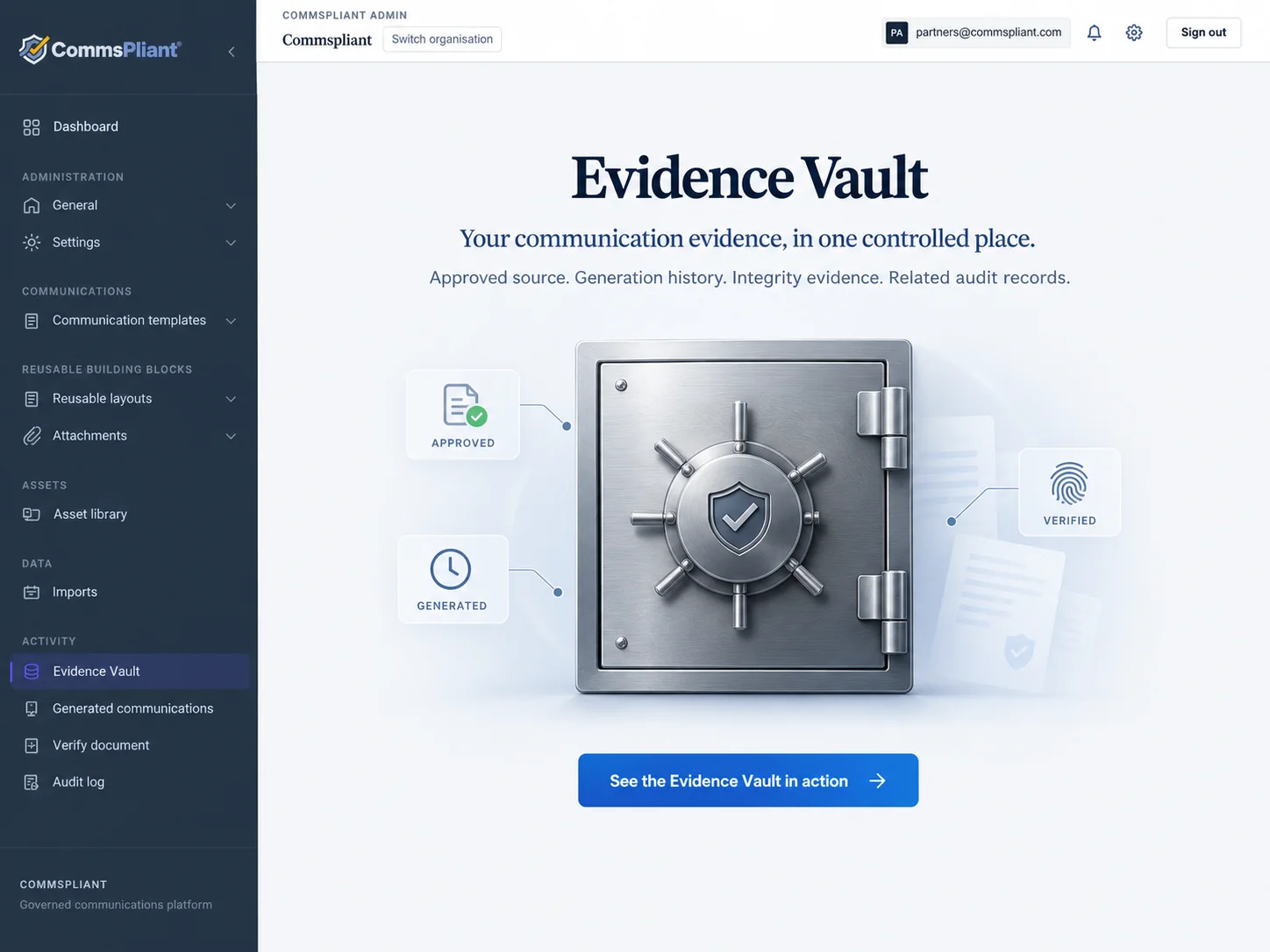 CommsPliant Evidence Vault showing approved source, generation history and integrity evidence
