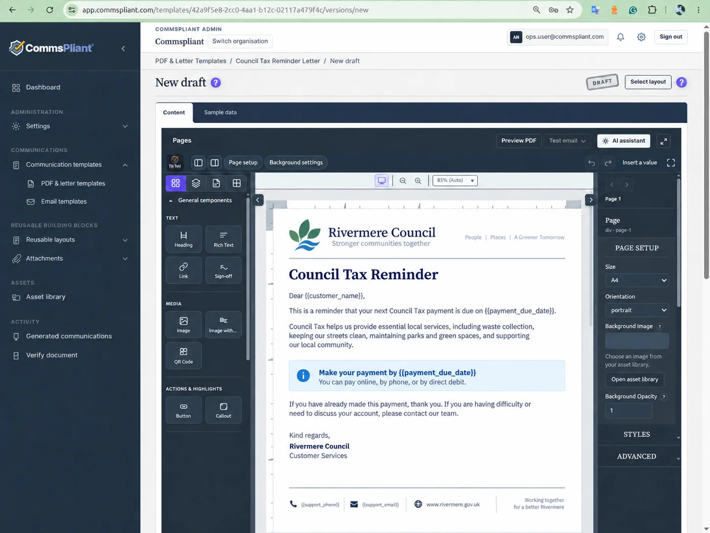 CommsPliant drag-and-drop editor for council letter layouts
