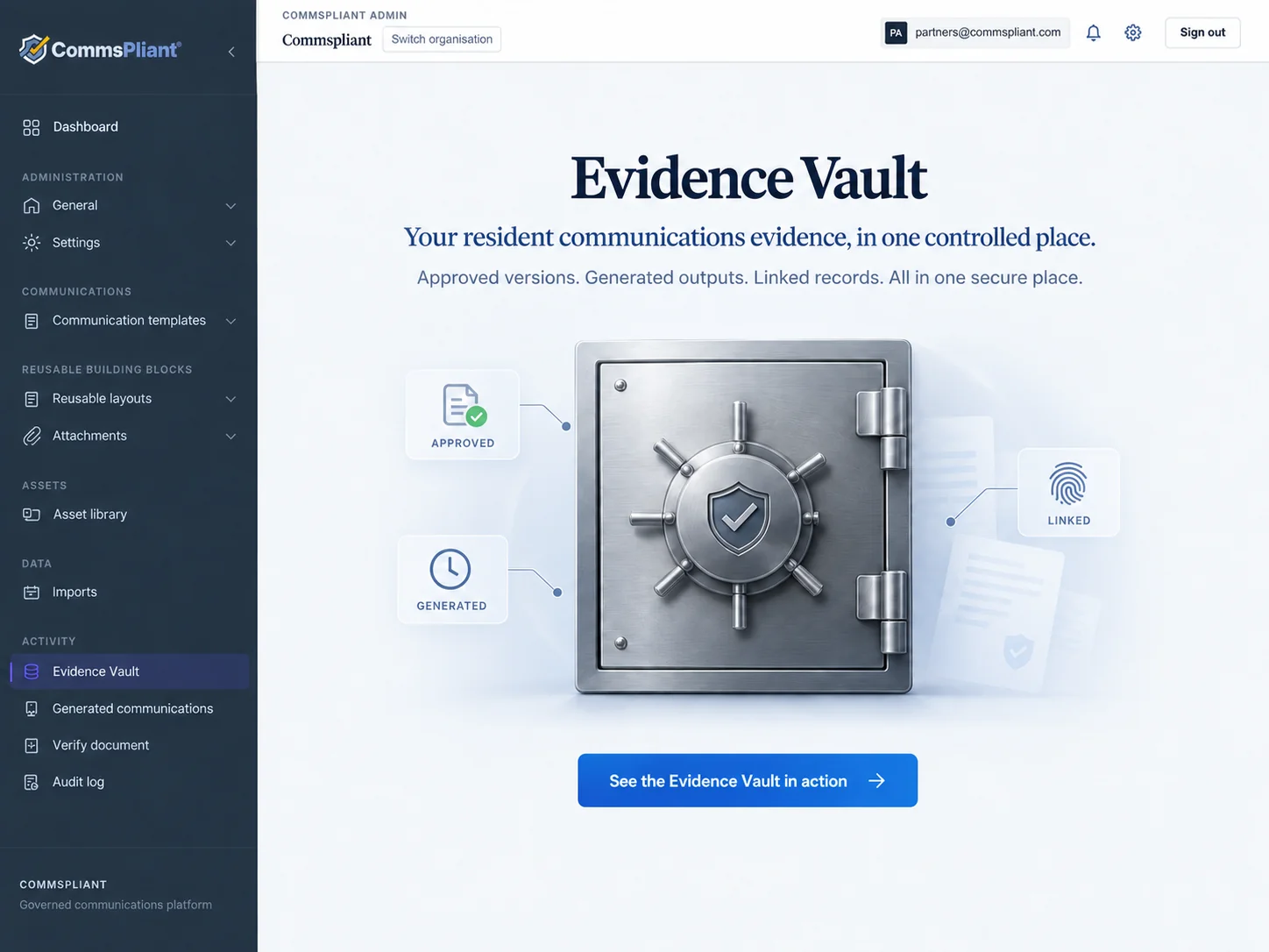CommsPliant Evidence Vault showing approved source, generation history and integrity evidence