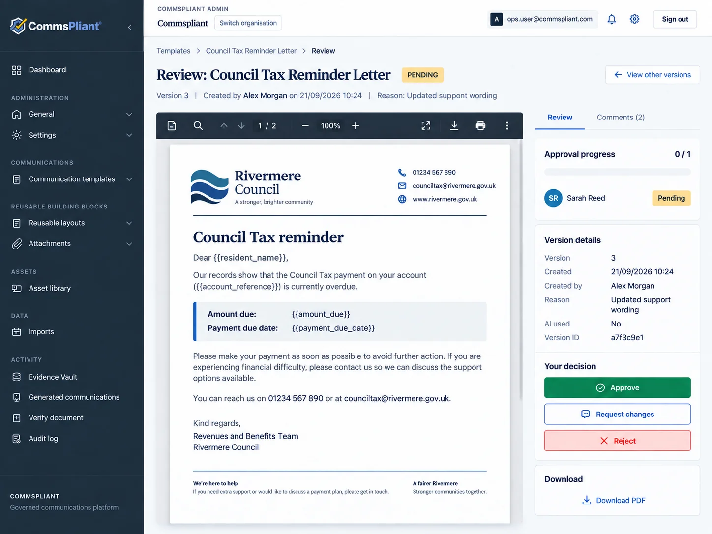 CommsPliant review and approval screen for council communications