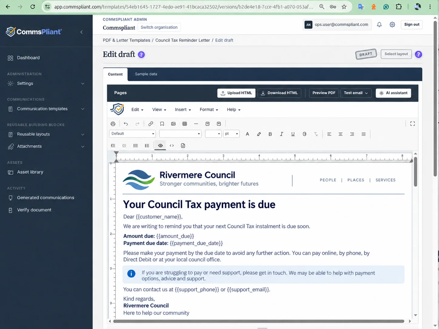 CommsPliant editor screen for a council tax reminder letter