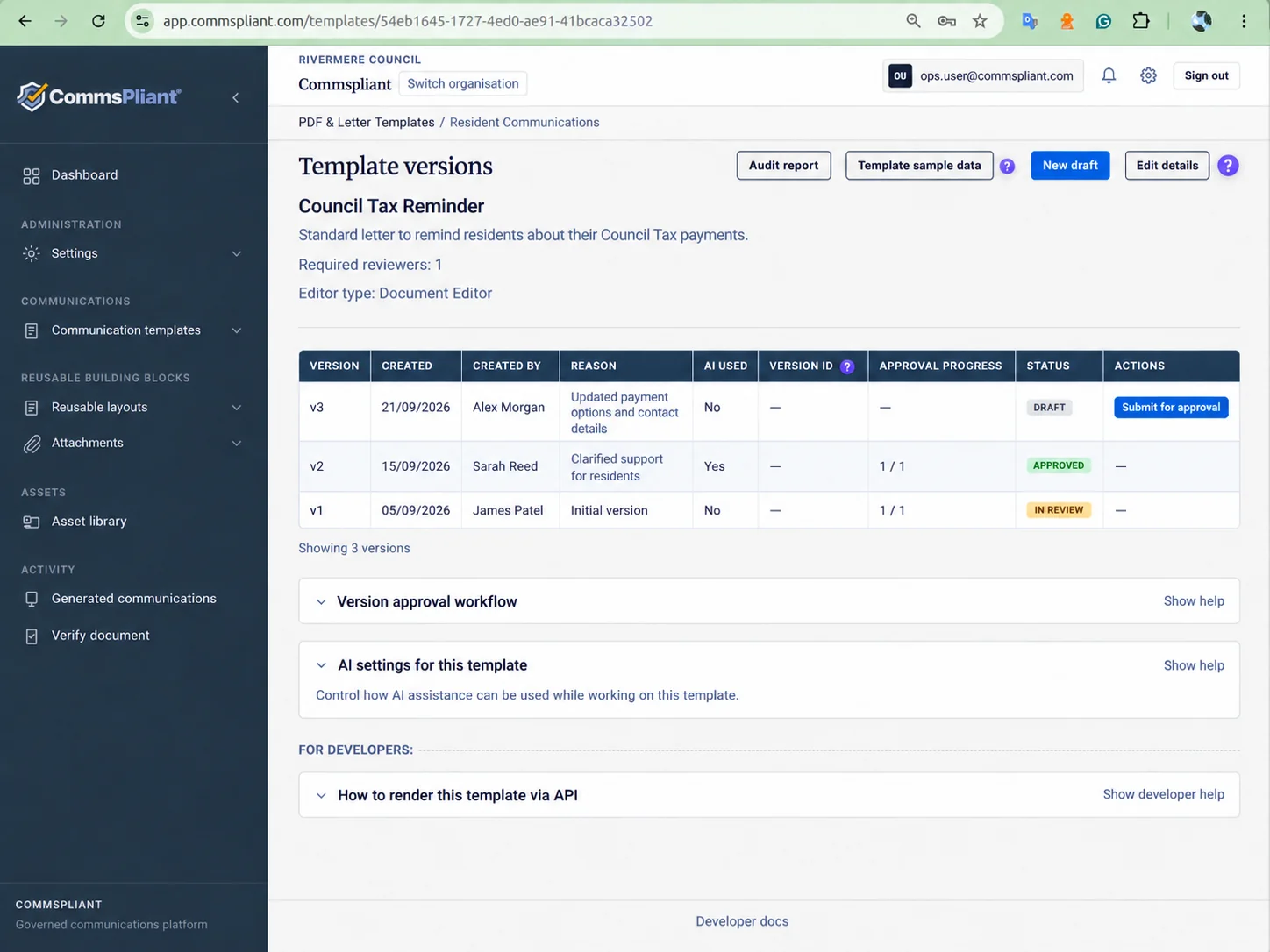 CommsPliant template versions screen for council resident communications