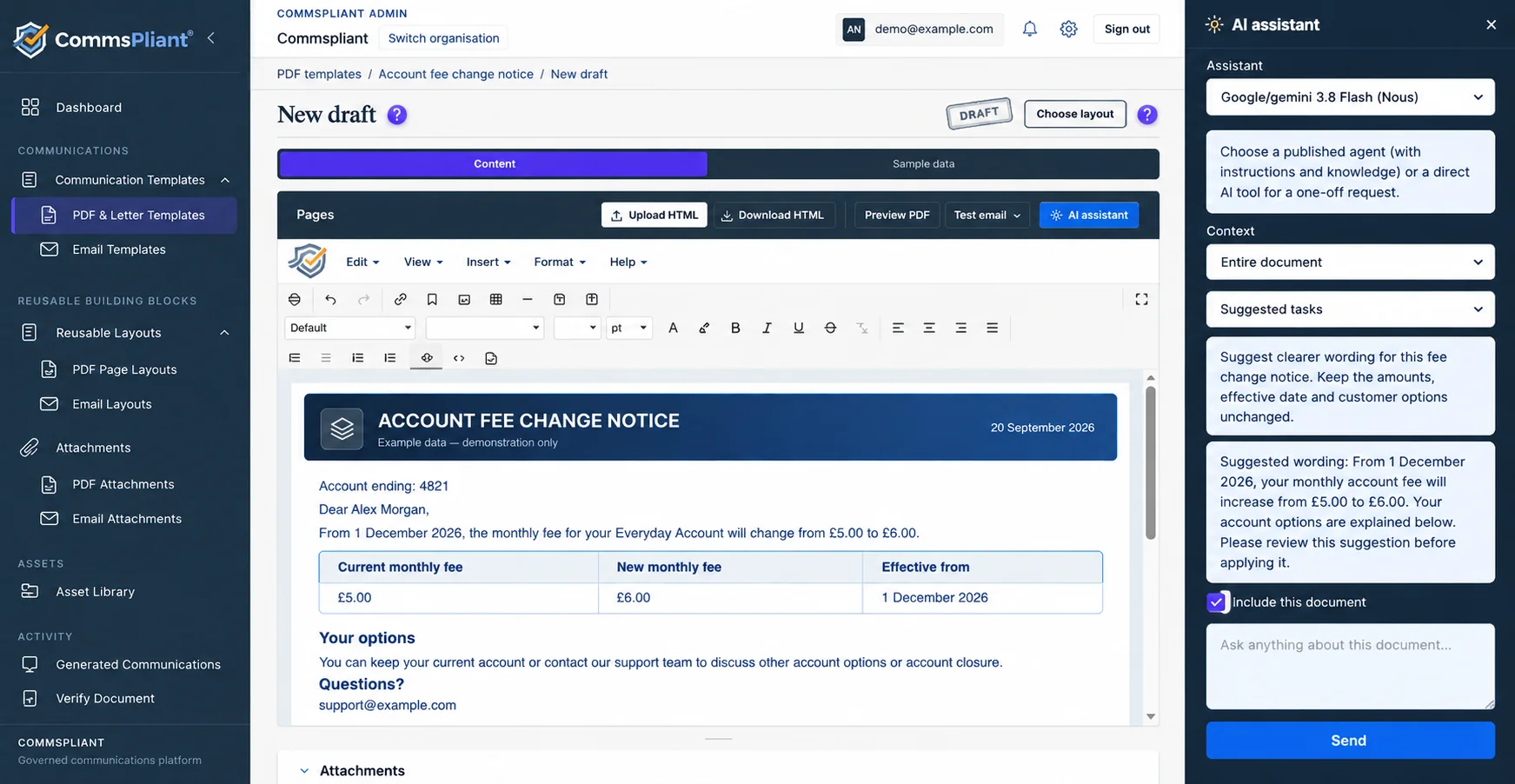 CommsPliant AI assistant panel within a governed communication workflow