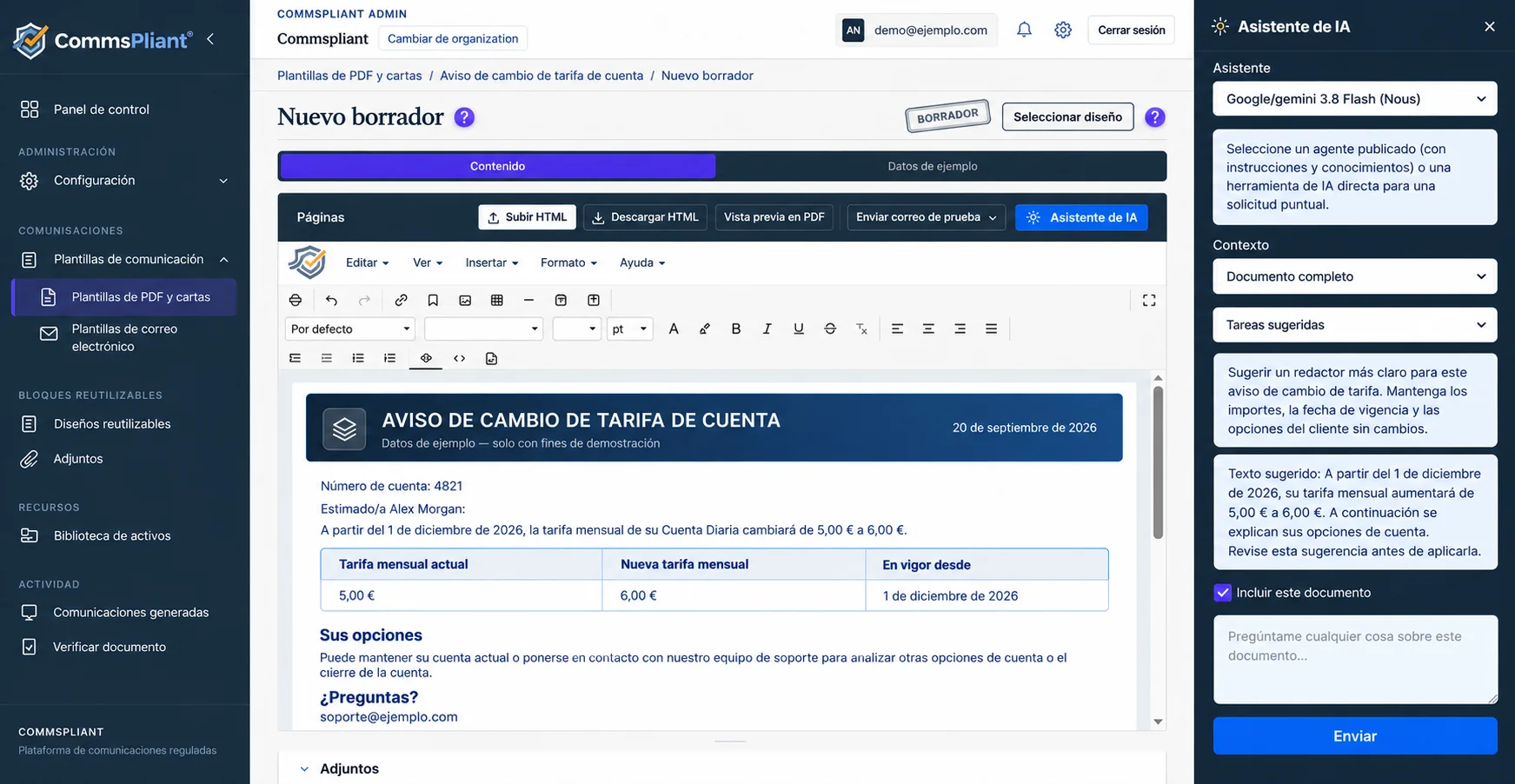 Panel de asistencia de IA de CommsPliant dentro del flujo de trabajo