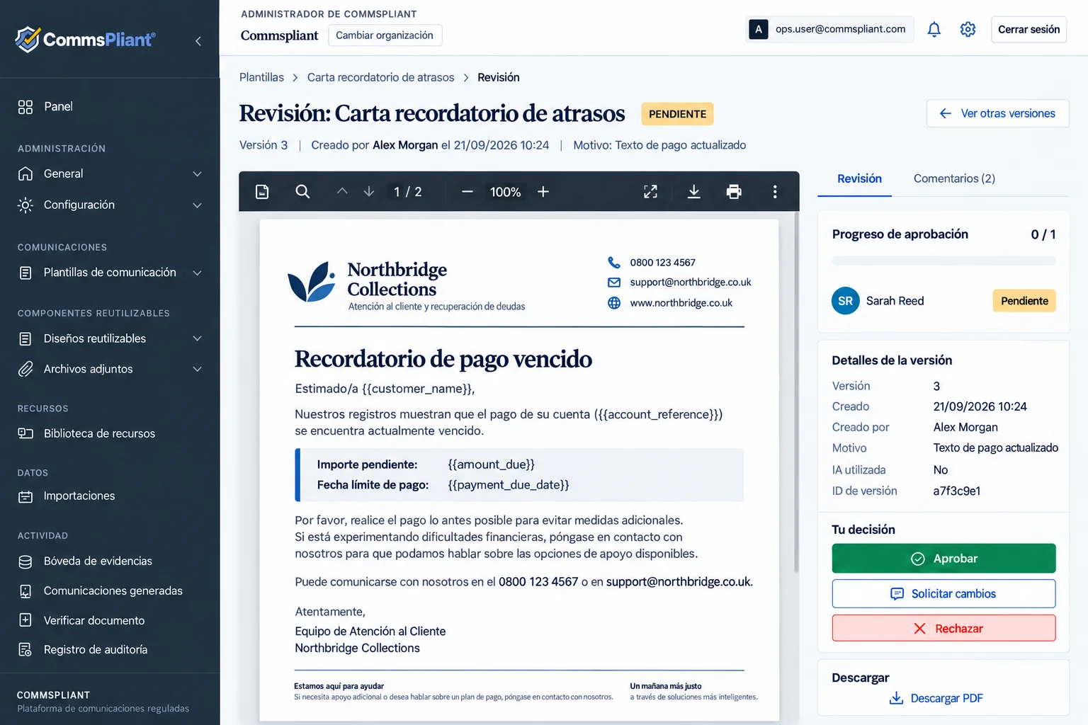 Pantalla de revisión y aprobación de una carta en CommsPliant