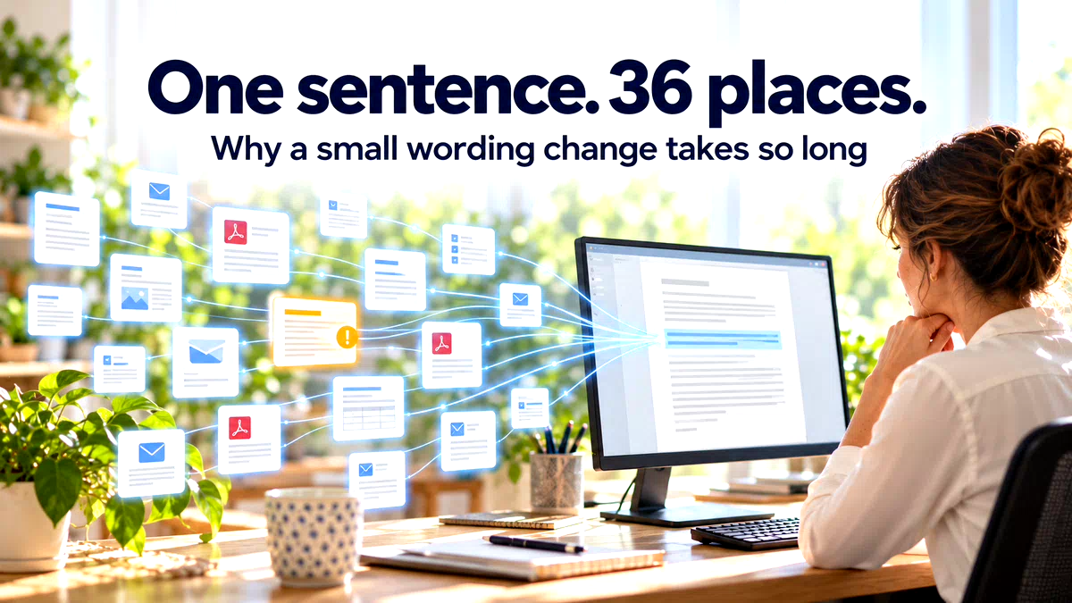 One sentence, 36 places: why small wording changes take so long