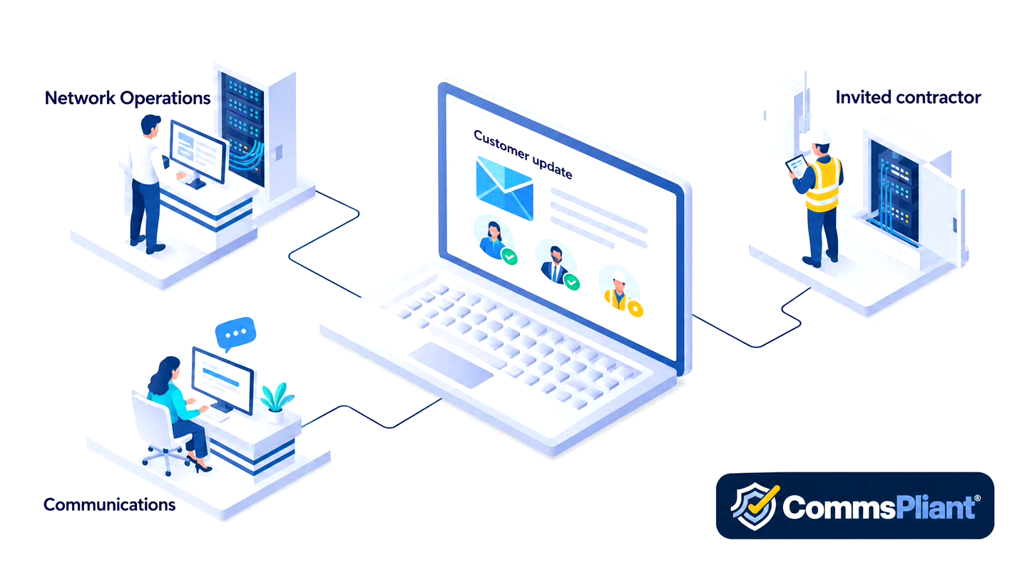 Isometric illustration of Network Operations, Communications and an invited contractor connected to a shared customer email in CommsPliant.