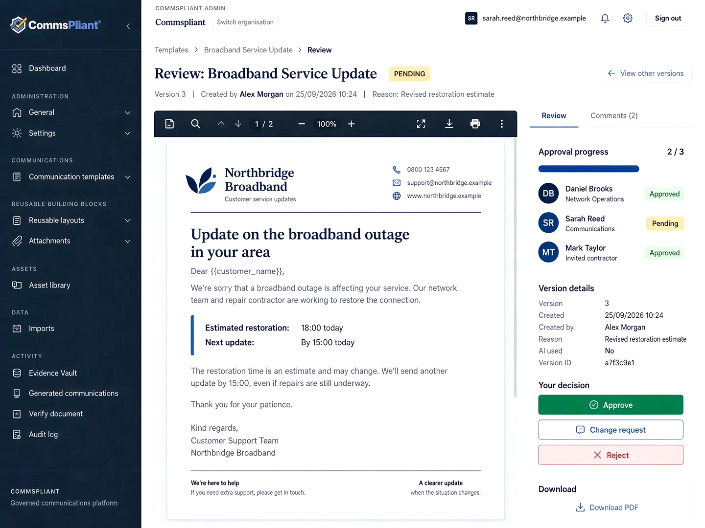 Illustrative CommsPliant review screen showing two of three approvals for a broadband customer email, with Communications approval pending.